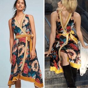 Maeve by Anthropologie Botanica Floral Wrap Midi Dress Teal,Mustard & Coral Sz 6